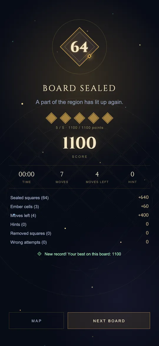 Board Sealed screen: five diamond stars and the score breakdown