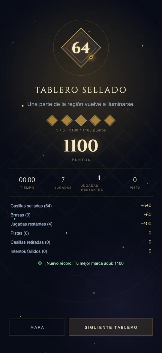Pantalla Tablero sellado: cinco estrellas de diamante y desglose de puntos