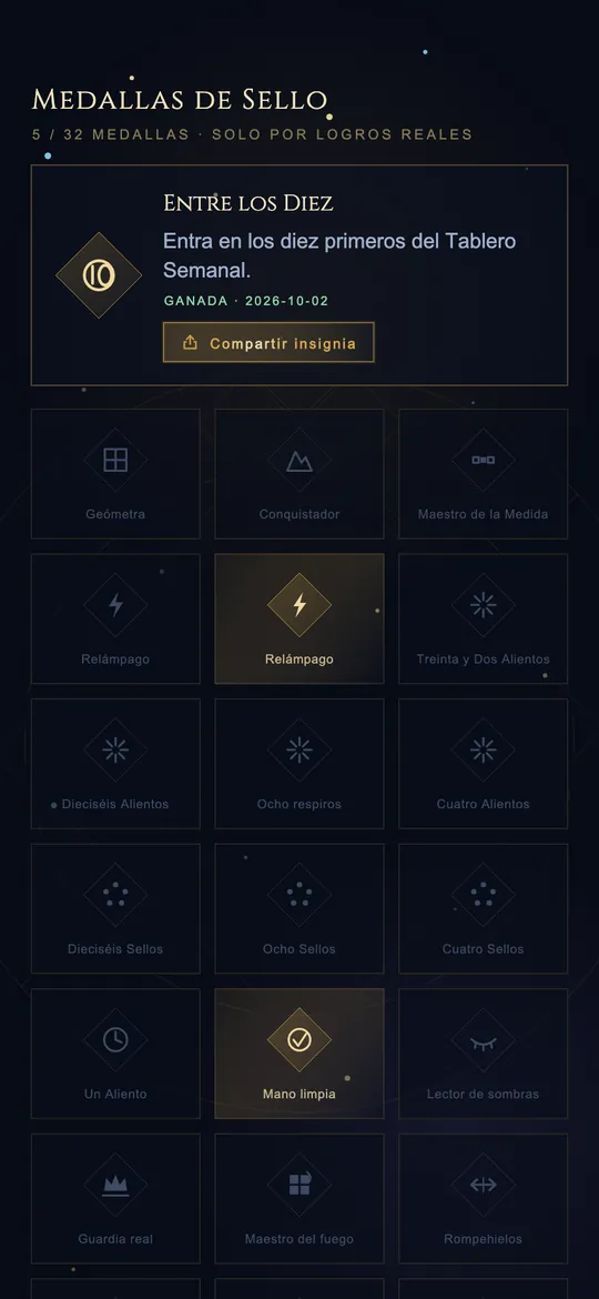 Pantalla Medallas de Sello: treinta y dos medallas